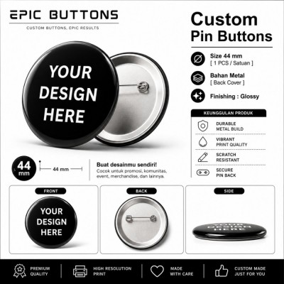Custom Pin Button 44mm Satuan | Pin Badge Logo Nama Foto Komunitas Sekolah Seminar Event Metal Back